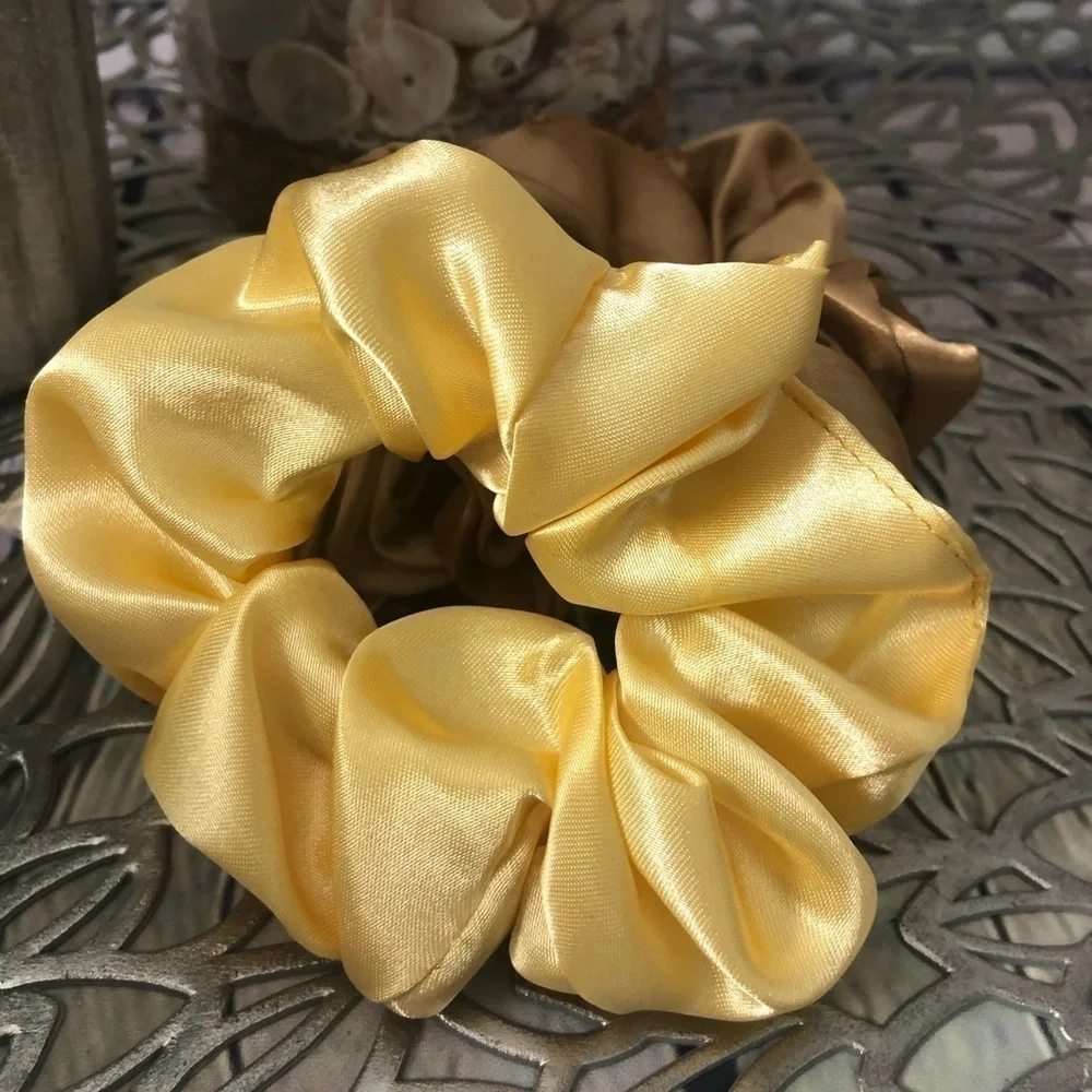 3 New Silk Scrunchies Creme, Tan, Yellow Colors